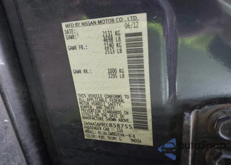 2012 Nissan Maxima 3.5 Sv из США, поврежденный, VIN 1N4AA5AP8CC858755